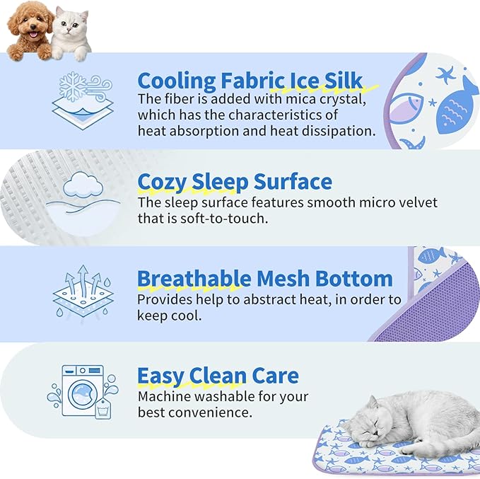 NWK Pet Cooling Mat for Large Dogs -Q-Max>0.345 Ice Silk Cooling Mat for Dogs & Cats Portable & Washable Pet Cooling Blanket, Car Seats, Beds for Summer (Purple Fish, 39'' X 27'' X 0.3'')