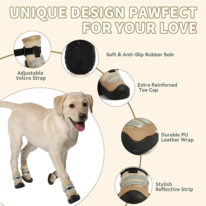 Dog Boots, Waterproof Dog Shoes with Reflective Straps, Rugged Anti-Slip Sole Paw Protectors for Medium Large Dogs, Breathable Pet Booties for Hot Pavement, Snow, Hiking, 4Pcs
