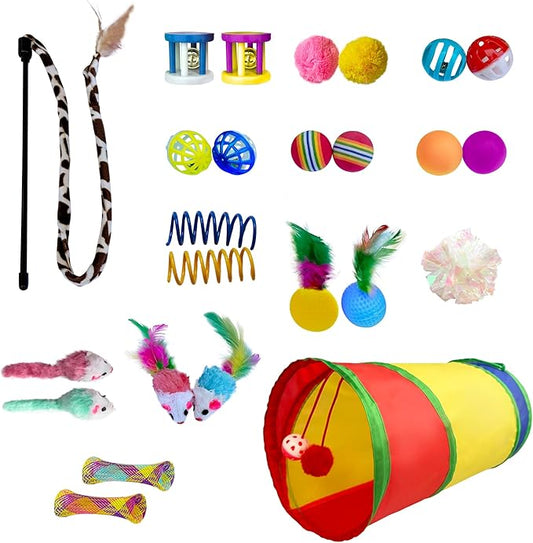 PetLike 25pcs Interactive Cat Toys Set Collapsible Cat Tunnel Interactive Feather Teaser Wand,Spring Toys & Balls for Indoor Cats (Rainbow, 25x55cm)