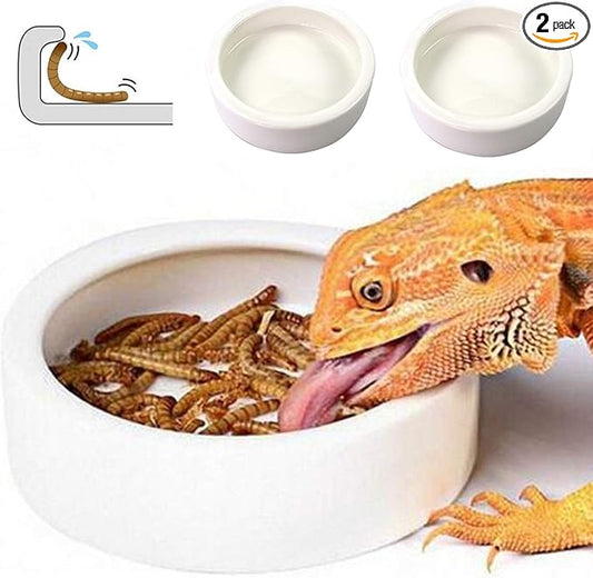 HELIME Reptile Food Dish Bowl, 2 Pack Worm Water Dish Small (2.75in) Lizard Gecko Ceramic Mealworms Bowls for Leopard Bearded Dragon Chameleon Hermit Crab Dubia Cricket Anti-Escape Superworm Feeder