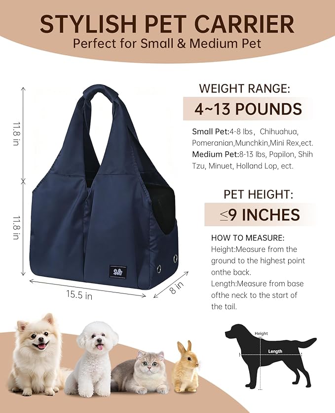 Dog Purse Carrier for Small Dogs Cats & Puppies, Soft-Sided Collapsible Pet Bag with 4 Large Pockets & Support Cushion, Breathable Lightweight Travel Carrier Fits Pets up to 13 lbs, Blue