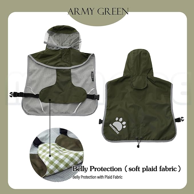 MAMORE Dog Raincoat Hooded Rain Jacket for Small Medium Large Dogs Slicker Poncho Bottom Waterproof Adjustable Reflective Breathable Leash Hole (Army Green, XXX-Large)