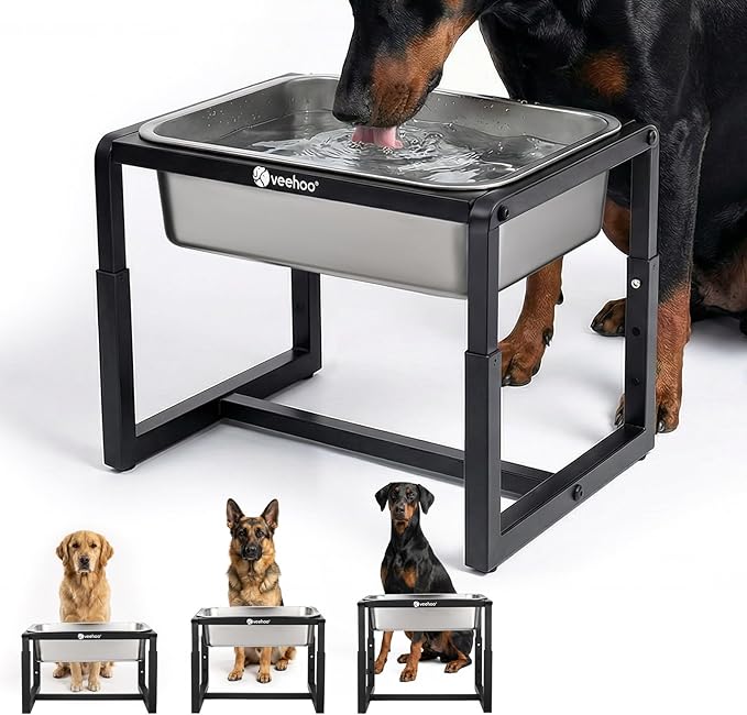 Veehoo 2.4 Gallon Elevated Dog Water Bowl, Stainless Steel Raised Dog Water Bowl Stand for Large Breeds, 3 Adjustable Heights Tall Dog Feeding Station for Relief Joint Pressure, Indoor & Outdoor