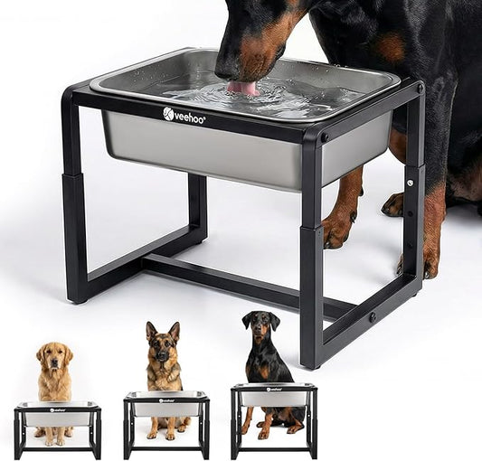 Veehoo 2.4 Gallon Elevated Dog Water Bowl, Stainless Steel Raised Dog Water Bowl Stand for Large Breeds, 3 Adjustable Heights Tall Dog Feeding Station for Relief Joint Pressure, Indoor & Outdoor