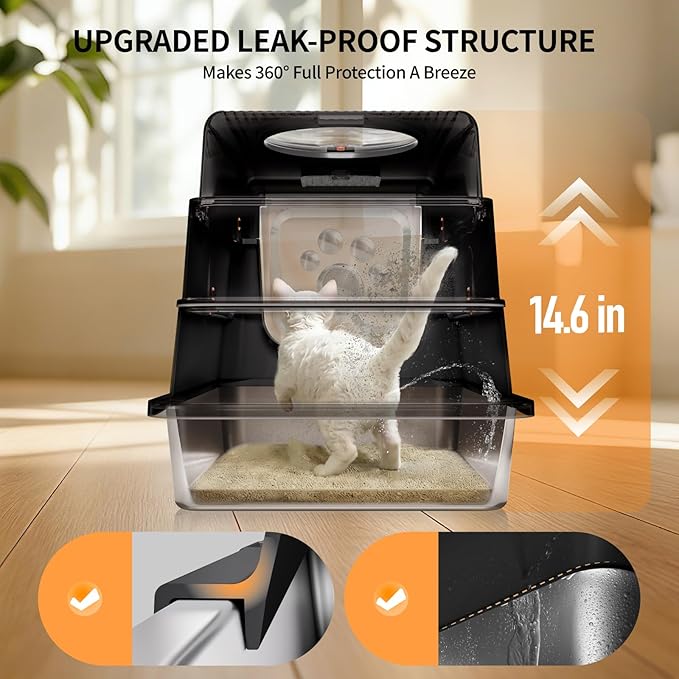 Stainless Steel Cat Litter Box with Lid, Small Enclosed Metal Litter Pan with High Sides, Full Flip Cover Litter Box for Kittens, Include Scoop & Step, Leak Proof Easy Clean Odor Control, Black