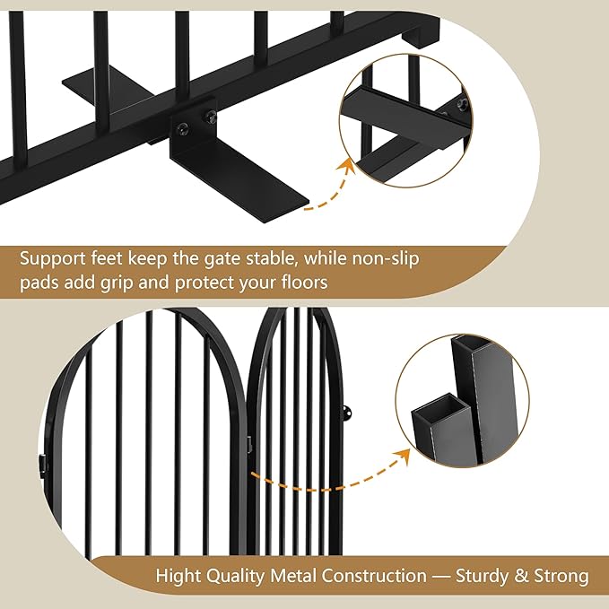 PUPETPO Full Metal Dog Gate for Indoor Outdoor, 24" Tall Free Standing Pet Dog Fence, 36" Wide Arched Pet Gates for Stairs, Hallways, Doorways, Kitchen, Decks, Yards (Black, 2 Panels)
