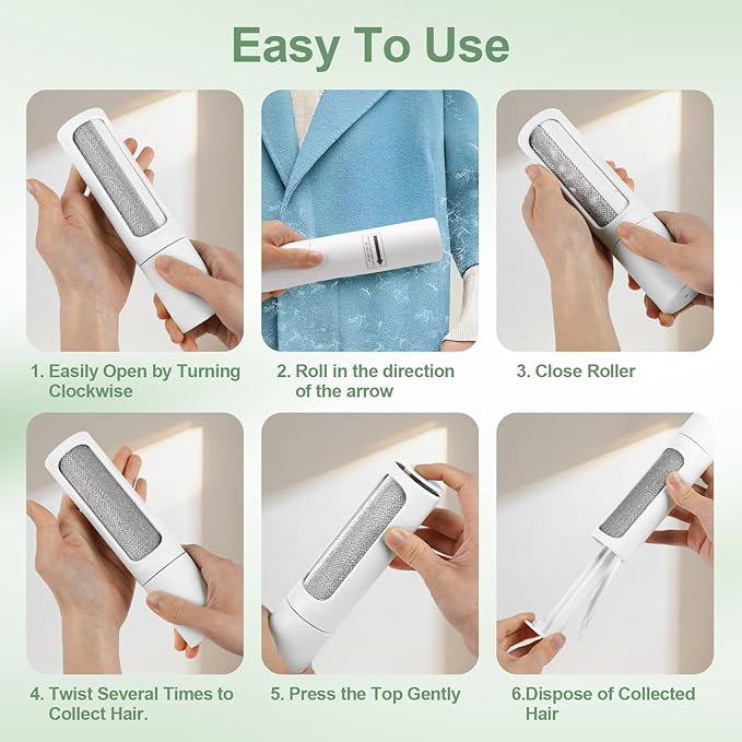 Pet Hair Remover Tool - Reusable Lint Roller Lint Brush for Cat & Dog Hair on Furniture, Clothes, Couches, Car Seats, and Fabric - No Refills, Eco-Friendly and Portable (White)