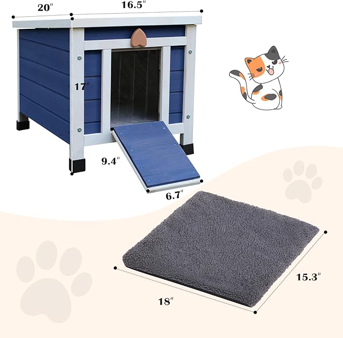 Deblue Outdoor Cat House with Self-Warming Mat, Weatherproof Cat House for Feral Cat, Cat Houses for Outdoor Cats (Blue House with Mat)