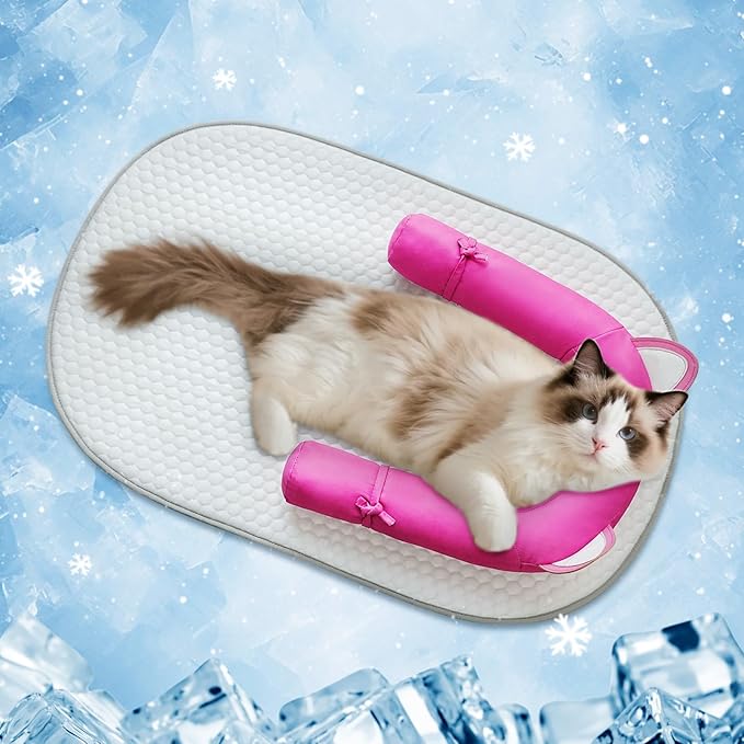 Cat Cooling Mat with Soft U-Shaped Pillow– Breathable Calming Cooling Pad for Cats– Portable Washable Summer Cooling Cat Bed for Indoor Or Travel Use,Hot Pink Cat