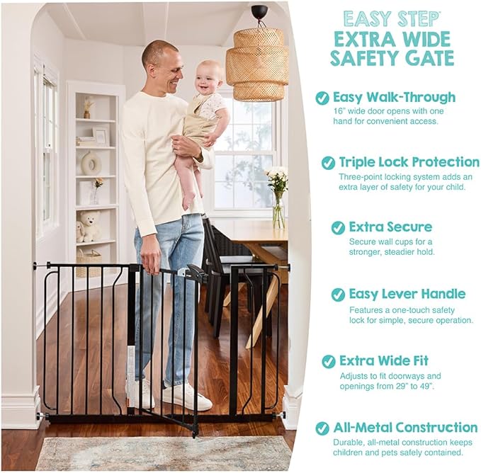 Regalo Safety 29-49" Easy Step Extra Wide Baby Gate for Doorways & Bottom of Stairs, Pressure Mounted Safety Gate with Door for Babies, Toddlers & Pets, Black