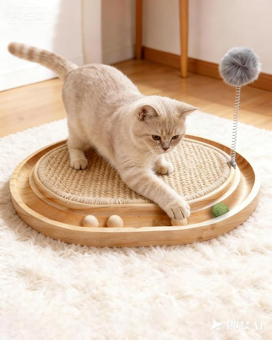 Sisal Cat Scratcher Pad with Wooden Ball Track Toy,Interactive Cat Toys for Kittens & Adult Cats Indoor, Anti-Scratch Furniture Protector for Bored Pet, Cat Enrichment Puzzle