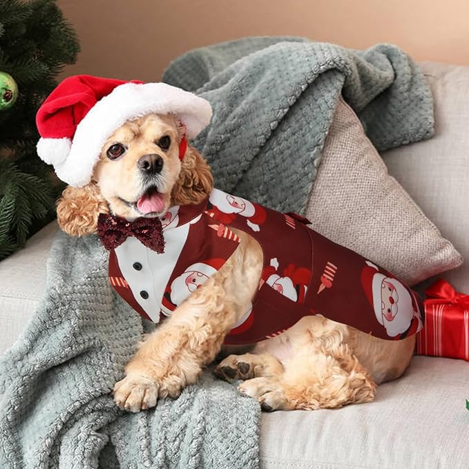 Kuoser Christmas Dog Tuxedo Dogs Suit and Bandana Set, Santa Claus Doggy Christmas Outfit Adjustable Pet Xmas Costume with Bow Tie for Large Medium Small Dogs Golden Retriever Samo Bulldogs, Red L