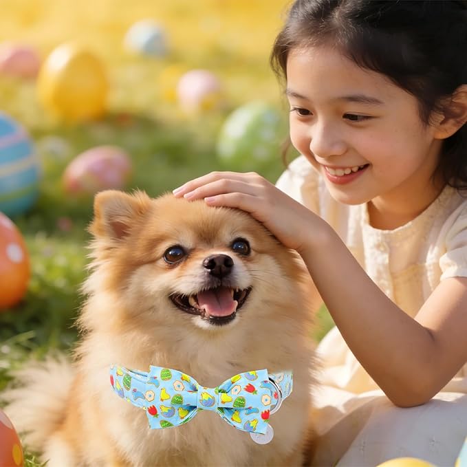 Easter Dog Collar with Bow Tie, Cotton Bunny Bowtie for Large Girl Boy Dog, Cute Rabbit Pet Collar with Metal Buckle, Gift, L
