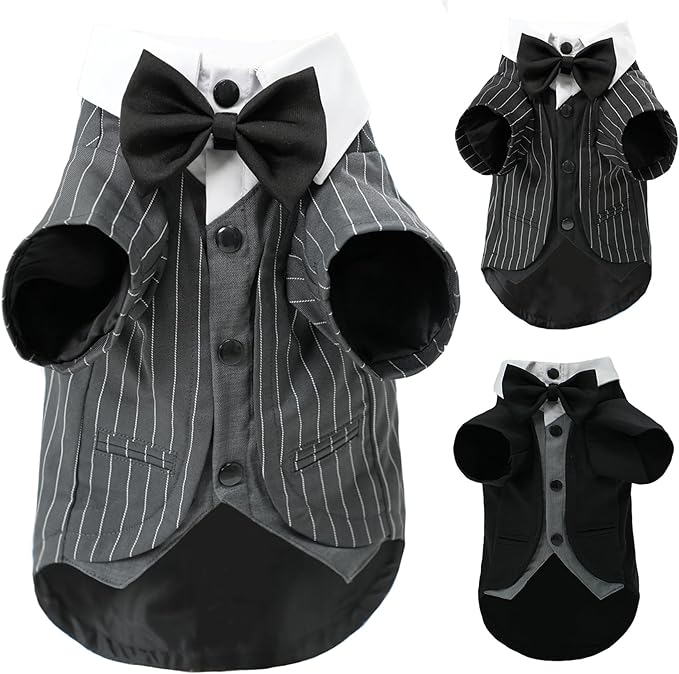 Dog Tuxedo Wedding Suit Shirt with Bow Tie, Formal Outfit Tux Attire for Puppy Small Medium Dogs Cats Costume (Pinstripe Gray, Medium)