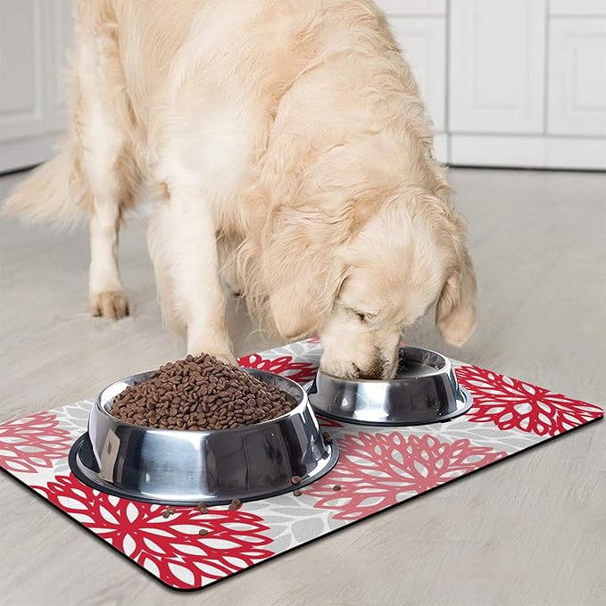 Dog Food Mats for Floors, Absorbent and Quick-Drying Pet Cat Food Mat,Anti-Fouling and Easy-to-Clean Pet Feeding Mat,Dog Bowl Mat for Messy Drinking Water Bowls.17x27, Bohemia Dahlia Floral Style