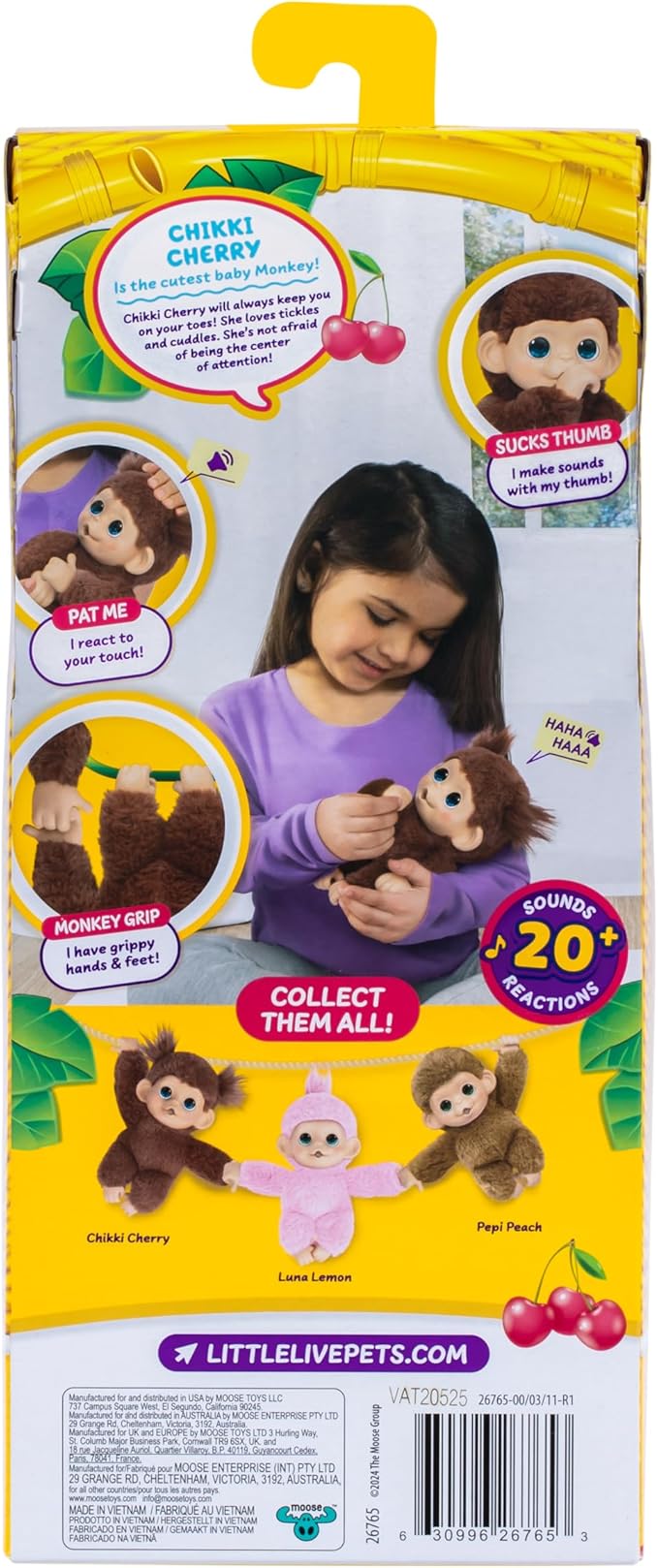 Little Live Pets Baby Monkey Minis – Chikki Cherry. Interactive Pet Toy. 20+ Sounds & Reactions. Soft Brown Fur. 7.4" Tall. Super Realistic. Feed, Nurture, React. Grippy Hands & Feet. Collect All 3