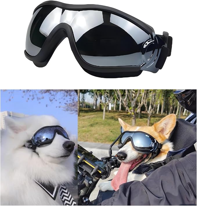 SANPLMG Dog Soft Cute Sunglasses,Pet Goggles,Flexible Frame,Wind Proof,Dust Proof,Eye Protection,with Adjustable Straps,for Medium Dogs,for Long Snout Dogs Cycling,Ski,Motorcycle (1Pack)(Black/Gray)