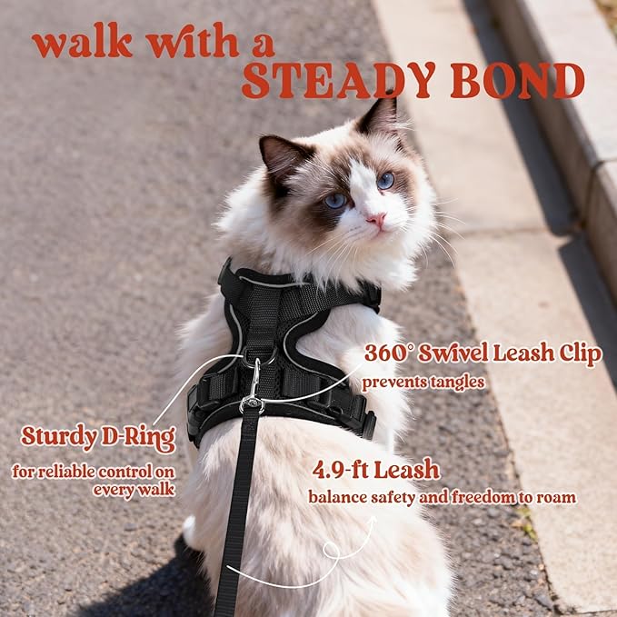 rabbitgoo Cat Harness and Leash Set, Escape Proof Kitten Harness for Safe Outdoor Walks, Soft Breathable Adjustable Vest with Reflective Strips for Kittens and Small Cats, Black, XS