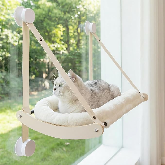 Cat Window Perch, Cat Hammock for Window with 4 Strong Suction Cups - Easy Assembly, Solid Wood Frame with Large Cats Bed - Supports Up to 40lbs for Indoor Cats Beige