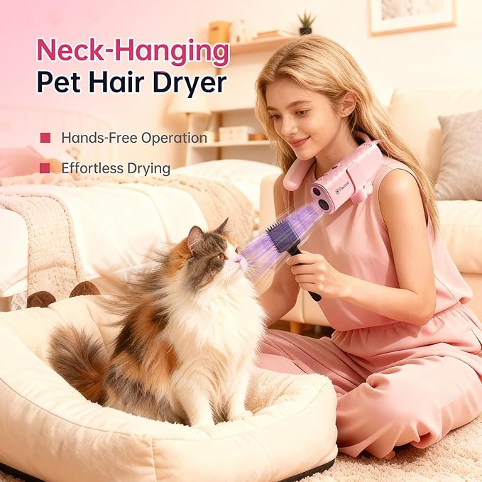 Dog Dryer for Pet Grooming,Pet Neck-Hanging Hair Dryer,Alternating Hot and Cold Airflow.Handheld & Hands-Free.Low-Noise, Ultra-Lightweight.High Wind Speeds.Adjustable Heat & Speed Pink