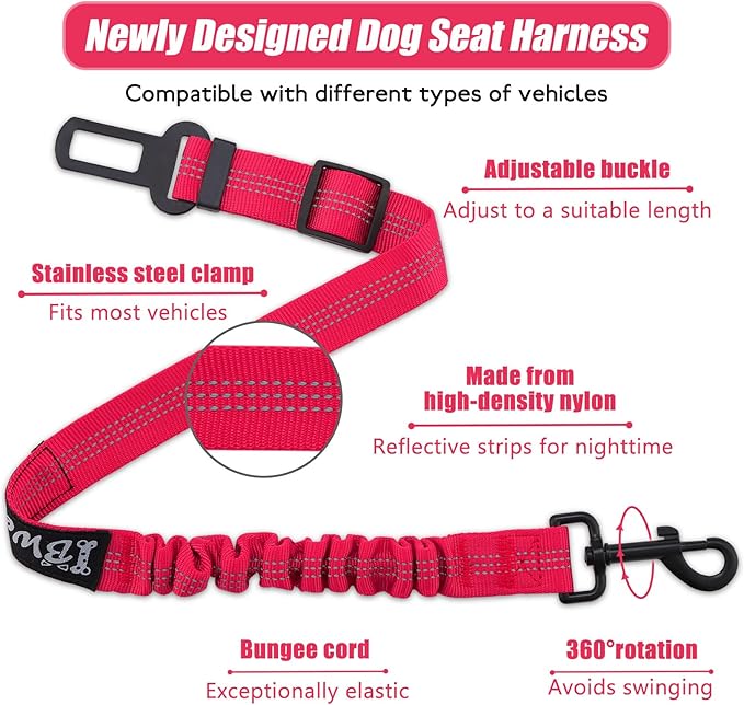 IBWell Dog Seat Belt,3 Piece Set Retractable Dog Car Harness Adjustable Dog Seat Belt for Vehicle Nylon Pet Safety Seat Belts Heavy Duty & Elastic (Black & Red)