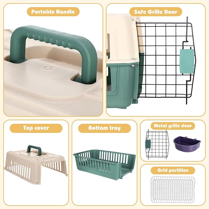 2 Set Hard Plastic Pet Carrier Breathable Dog Cat Kennel with Metal Door Bowl Grille Mat Pet up to 14 Lbs Carrier for Walking Camping Vet Visits Travel, 17.3"L x 11.8"W x 10.6"H(Blue White)