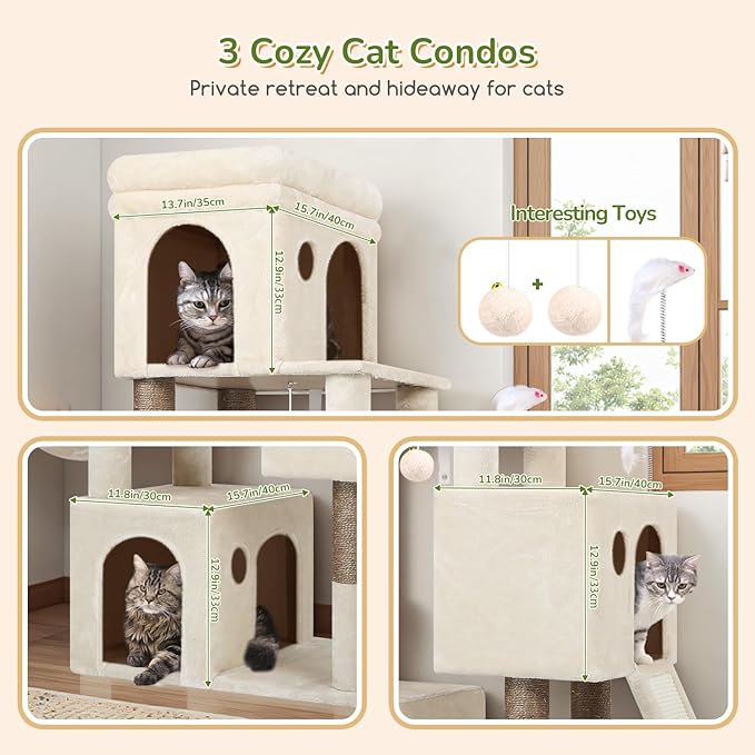 Globlazer 52in Cat Tower for Multiple Indoor Cats, Heavy Duty Multi-Level Cat Tree with 3 Cozy Condos, 4 Natural Sisal Scratching Posts and Cozy Basket Bowl, F52B, Beige
