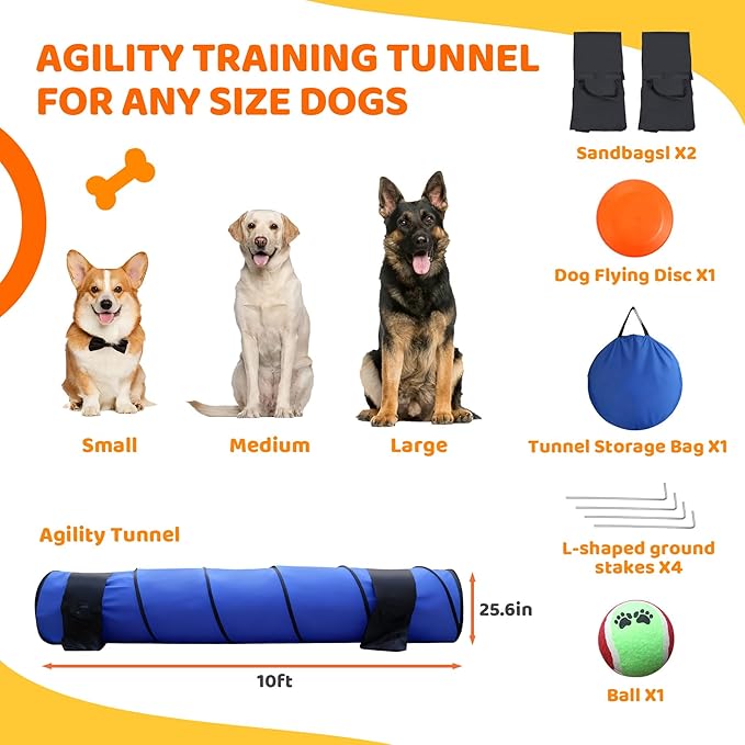 25.6in 10FT Dog Agility Tunnel, Dog Tunnel for Large Dogs with 2 Sand Bags, 4 Ground Stakes and Tote Bag, Dog Tunnel for Large Dogs