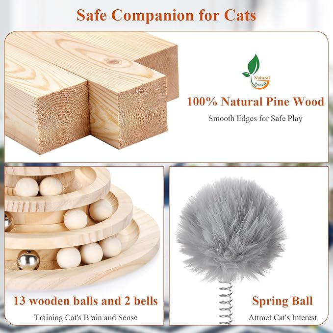 Large 2-in-1 Wooden cat Toy Tower with Spring cat Toy Stick, Indoor Interactive Track Ball and Bell Toy for Kittens - Puzzle Solving, Exercise and Play