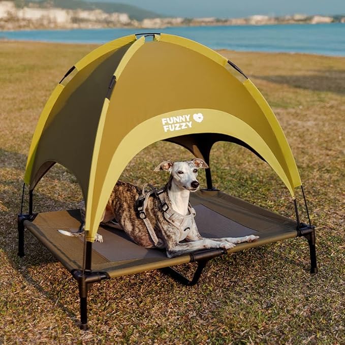 FUNNY FUZZY Elevated Dog Bed with Canopy for Large Dogs up to 120 lbs– Raised Dog Cot Bed with UV Shade,Waterproof,Breathable Mesh,Outdoor & Indoor Use,Portable,Green(36"×30"×7")