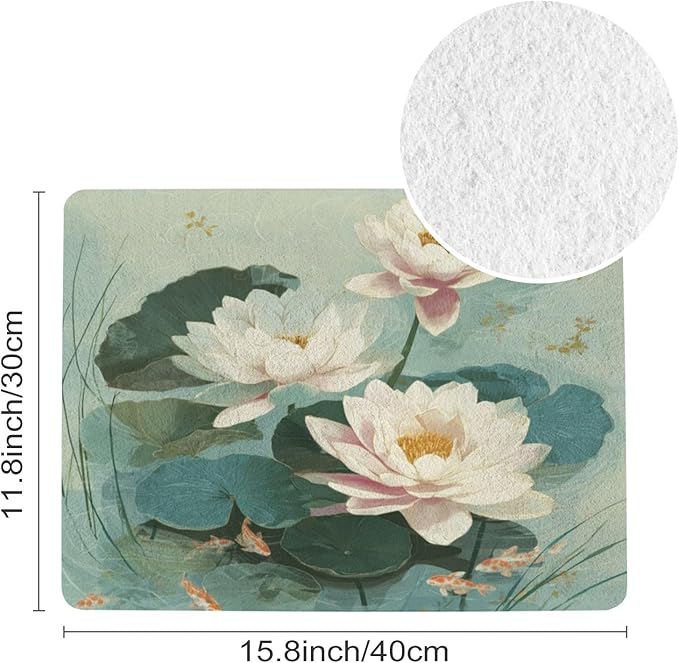 Green Lotus Pond Art Dog Food Mat-Absorbent Pet Dog Mat for Food and Water, No Stains Quick Dry Cat Food Bowl Mat,16" x 12" Pet Placemat for Dogs, Cats