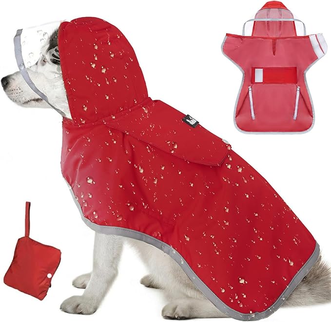 Lukovee Dog Raincoat - Lightweight Hooded Dog Rain Coat for Large Medium Small Dogs, Adjustable Poncho Jacket with Reflective Stripes & Built-in Storage Pocket (Red, Medium)