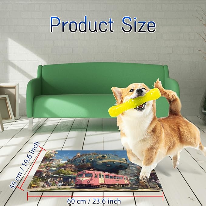 Dog Food Mat, 19.6" x 23.6" Absorbent Pet Feeding Mat for Food and Water, Waterproof Diatom Mud Pet Placemat with Non-Slip Rubber Backing, Easy Clean Cat Bowl Mat for Floors - Pink Train Fish