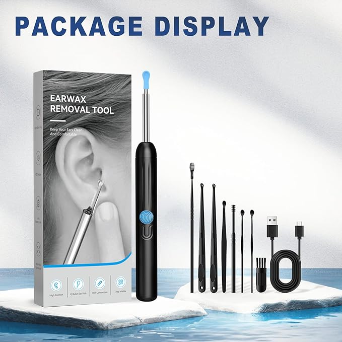 Ear Wax Removal, Ear Cleaner with Camera with 1080P, Ear Wax Removal Tool with 6 LED Light, Ear Wax Removal Kit with 8 Ear Pick, Ear Camera for iPhone, iPad, Android Phones (Black)