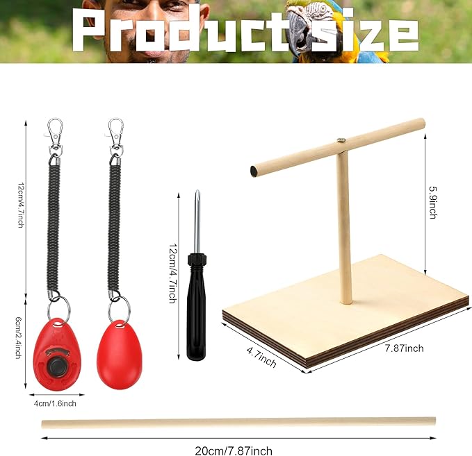 3 Pcs Bird Training Stand Kit, Parrot Training Clicker Portable Tabletop Bird Perch and Target Stick, Wooden Spin Perch Clickers with Wrist Strap for Parakeet Conure Lovebird Cockatiel