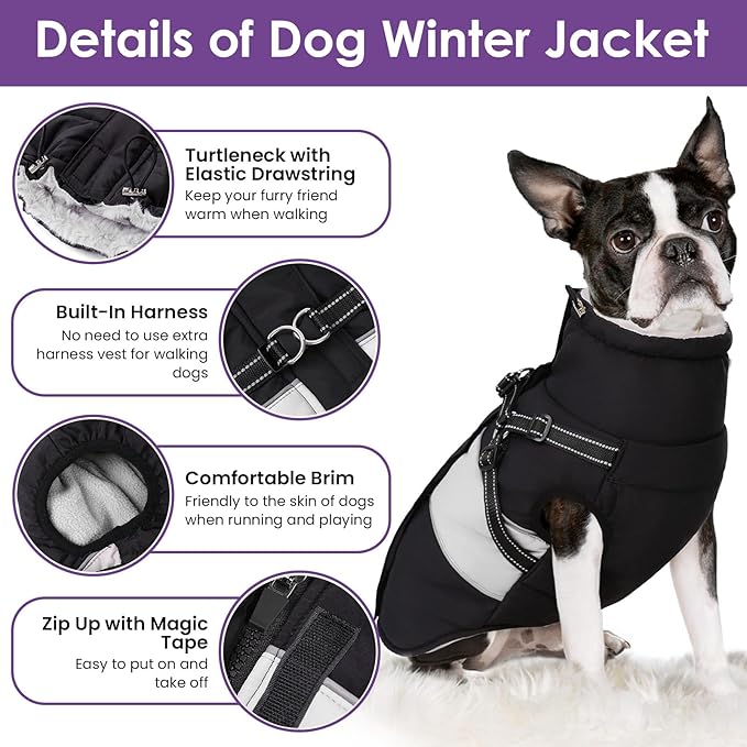 Dog Coat, XXL Dog Jacket Winter with Harness Built in, Waterproof Pet Snow Jacket with Furry Collar for Chilly Day, Reflective Fleece Snowsuit for Extra Large Dogs, Black 2XL