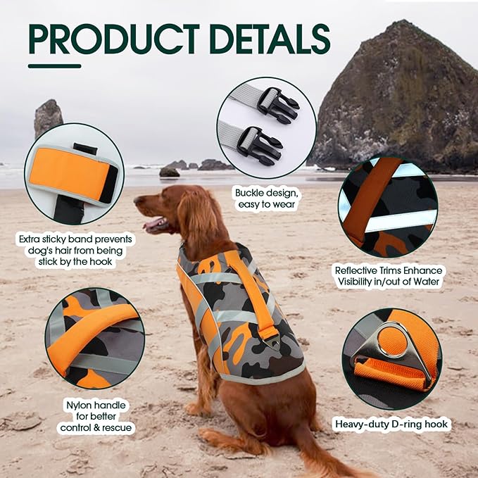 Kuoser Dog Life Jacket with Reflective Stripes, Dog Life Vest for Swimming Boating, Adjustable Pet Lifejackets with High Flotation, Doggie Swimsuit for Small Medium Large Dogs