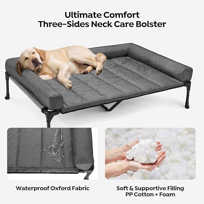 Veehoo Cooling Elevated Dog Bed Add Removable Waterproof Bolster Cushion Mat, Raised Pet Cot with Breathable Teslin Mesh, No-Slip Feet, Dog Sofa Bed for Indoor Outdoor, XLarge, Black Silver