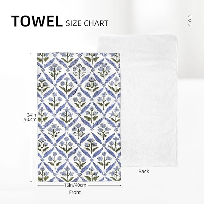 Blue Sage Green Block Print Kitchen Towels Vintage Floral Dish Towel 16×24 Inch Soft Absorbent Spring Summer Flowers Hand Cloths Decorative for Kitchen Drying Set of 2