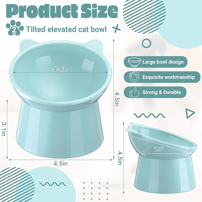 Zhehao 2 Pcs Elevated Cat Bowl Set, Tilted 15° Plastic Raised Food and Water Bowls Anti Vomit Pet Feeding Dishes for Indoor Cats/Small Dogs(Cat Ears,Light Green)