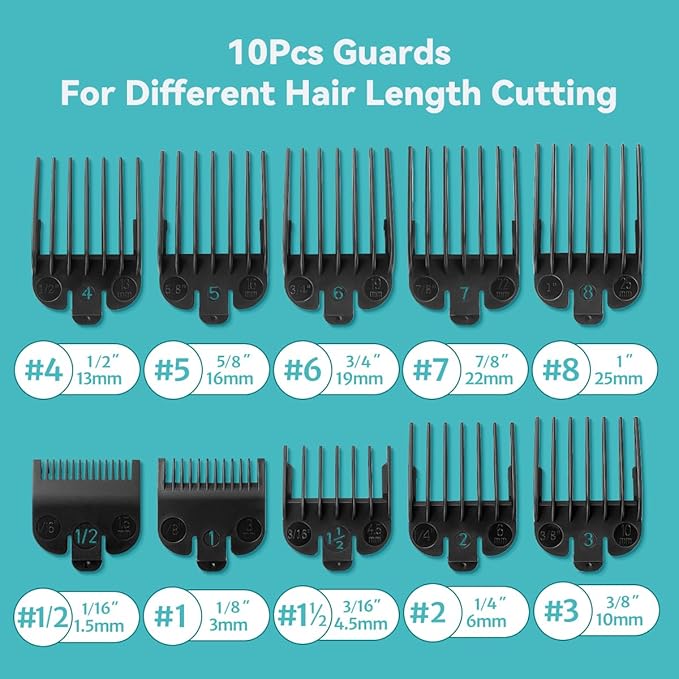 Clipper Guards Set Compatible with Most Wahl Clippers with Holder, Clipper Guides Replacement - 1/16" to 1", 10 Piece Set, Black Color