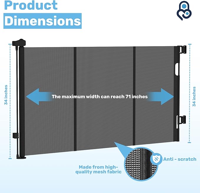 Baby Proof Me Retractable Baby Gates for Stairs & Doorways - 71” Wide Mesh Safety Gate for Toddlers, Dog & Pets - Use for Indoor/Outdoor, Hallways, Deck, Porch - Easy Installation, Secure Closure