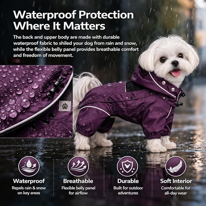 LOVELONGLONG Waterproof Dog Raincoat with Removable Hood – Outdoor Full Body Dog Jacket, Windproof Snowproof Shell Suit – All Season Pet Rain Gear Plum Purple XXL
