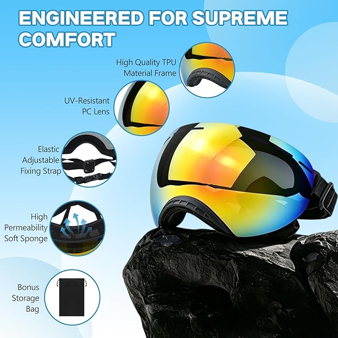 Dog Goggles for Medium to Large Breeds, Stylish Pet Sunglasses with Rainbow PC Lens, Soft TPU Frame & Adjustable Straps, Windproof Dustproof UV Protection Eyewear for Outdoor Riding Hiking (Black)