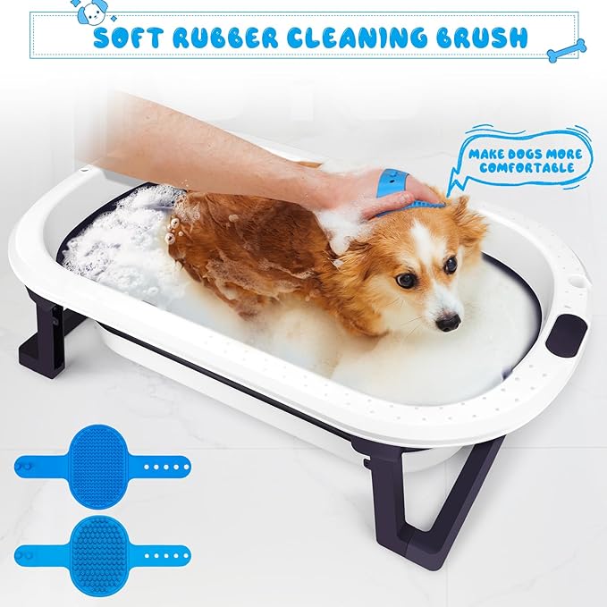 Dog Washing Dog Bathing Kit - Include Collapsible Pet Bathtub with Water Drain Plug,Cleaning Slicker Brush,Dog Shampoo Brush,Grooming Brush,Drying Towel,Tooth Brush and Dog Washing Glovves