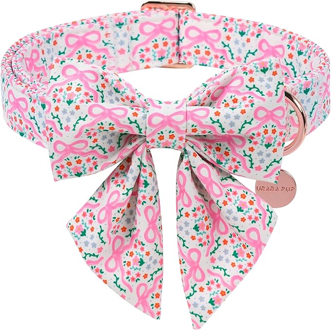 Pink Bow & Floral Dog Collar, Spring Summer Soft Cotton Dog Collar with Premium Quick Release, Adjustable and Comfortable Pet Collar for Small, Medium, and Large Dogs