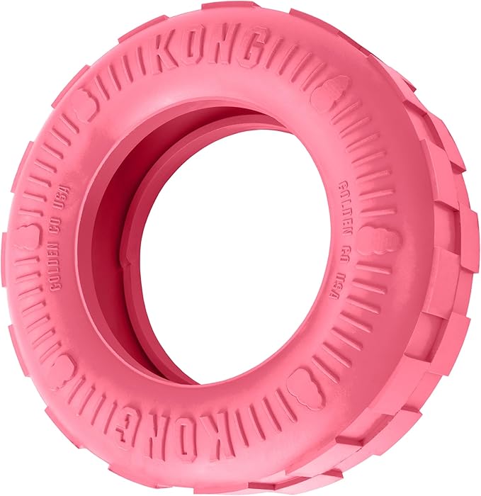 KONG Puppy Tires - Dog Chew Toy for Puppies - Stuffable Dog Toy for Treats & Snacks - Natural Rubber Chew Toy for Teething Puppy - for Medium/Large Puppies - Pink