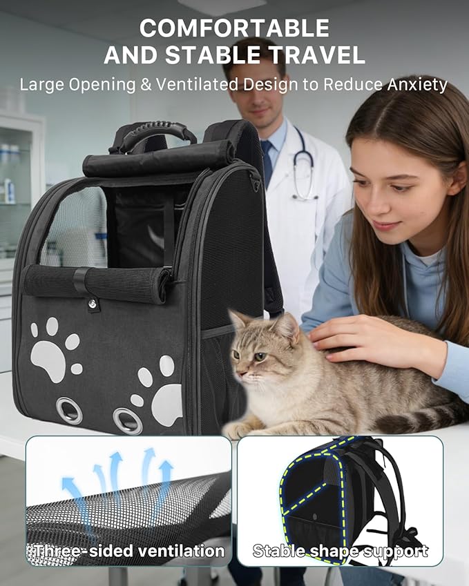 Cat Backpack Carrier with Comfort Handle, Ventilated Cat Backpack with Reflective Strips, with Chest and Shoulder Buckles, Foldable Cat Carrying Backpack for Kitty Small Dog up to 15lbs(Black).