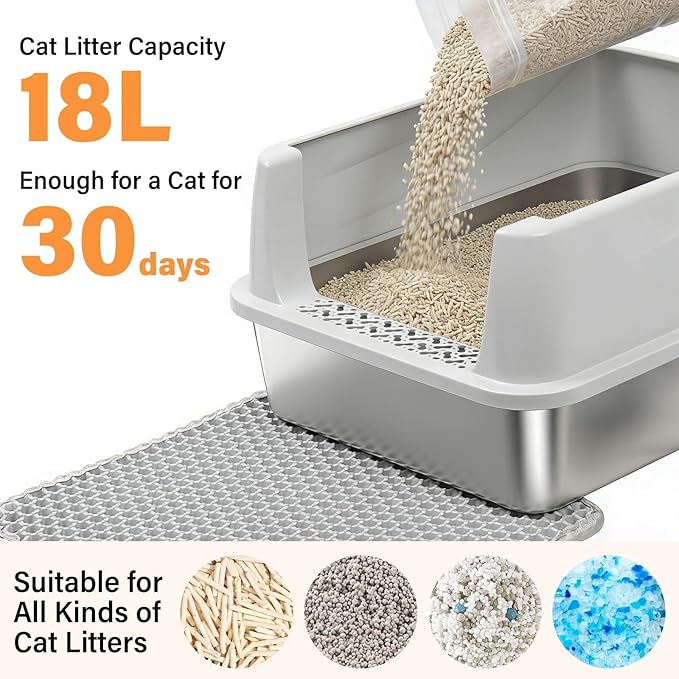 Stainless Steel Litter Box with High Sides, Small Metal Litter Box for Kittens & Small Cats, Low Entry Kitten Litter Boxes with Scoop and Mat, Non-Sticky, Anti-Urine Leakage, Easy Cleaning, Gray