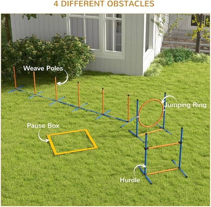 4 Pieces Dog Agility Training Equipment with Weave Poles, Adjustable Hurdle Jumping Ring, Pause Box, Whistle, Toy Balls for Backyard,Obstacle Course for Dogs Backyard (Blue + Orange, 4 Piece)